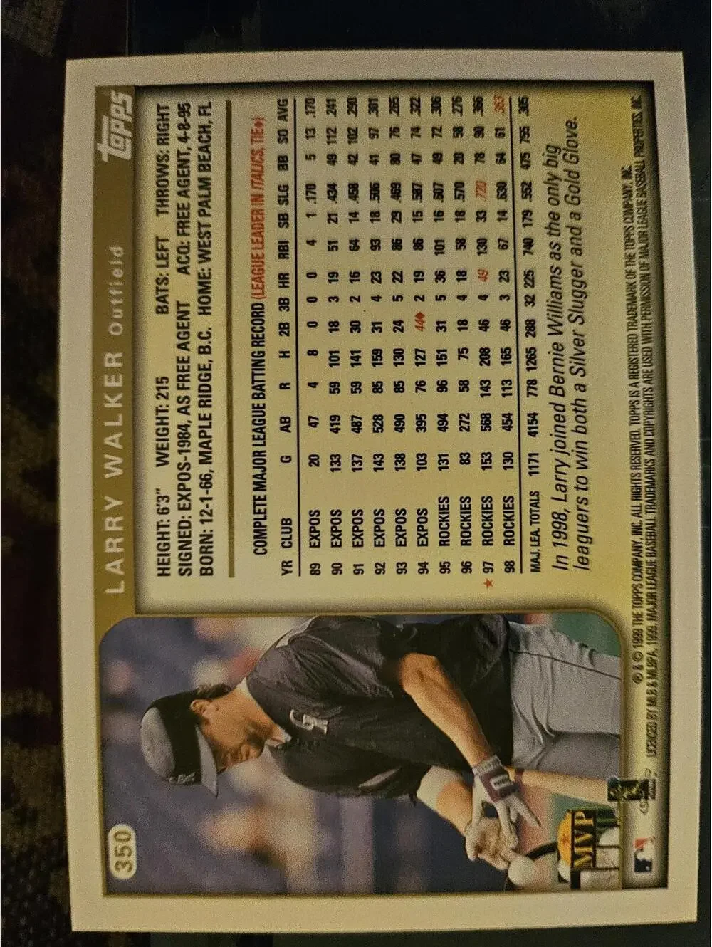 Larry Walker - HOF- 1999 Topps #350 - Rockies - RAW mint - Picture 2 of 2